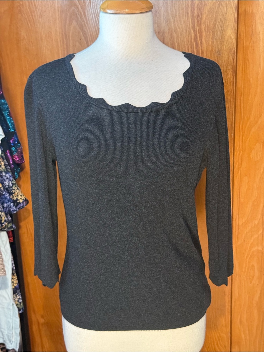 Philosophy Charcoal Scallop Neck Long Sleeve Top